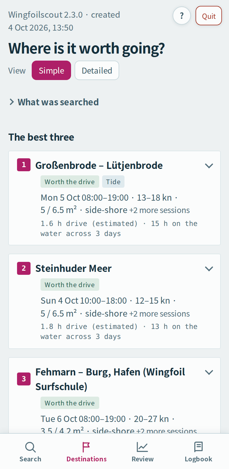 The best three destinations with time window, wind speed, wing size and drive time