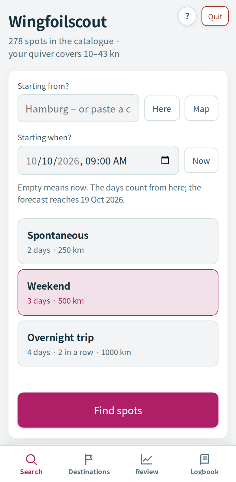 The search: starting point, start time and three presets – Spontaneous, Weekend, Overnight trip